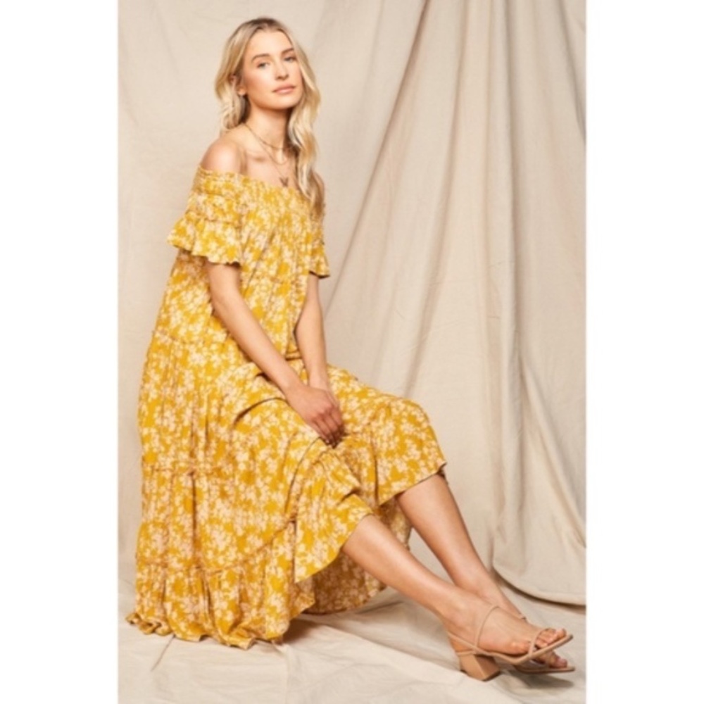 Moss Yellow Floral Flowly Bohemian Tiered Off The Shoulder Casual Maxi Dress - Picture 3 of 6